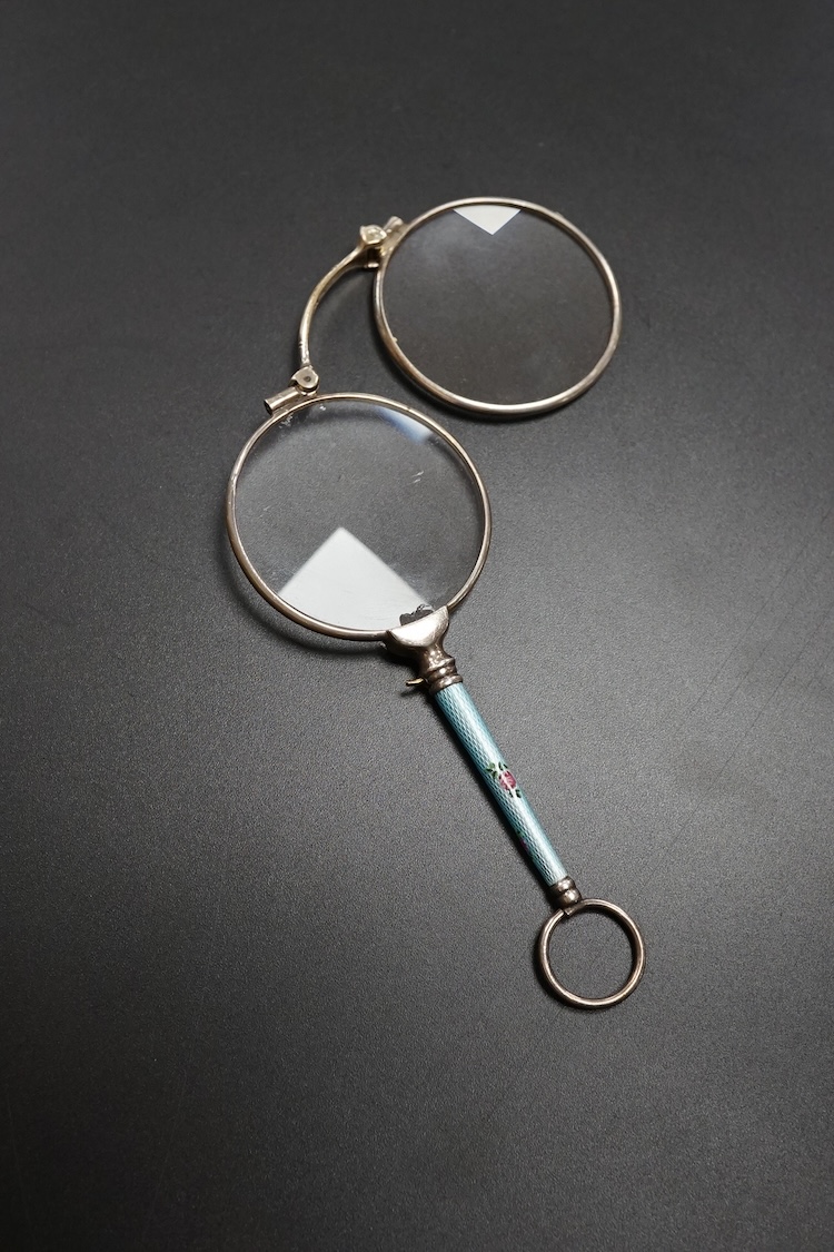 A pair of Continental silver and guilloche enamel lorgnettes, 10cm in length